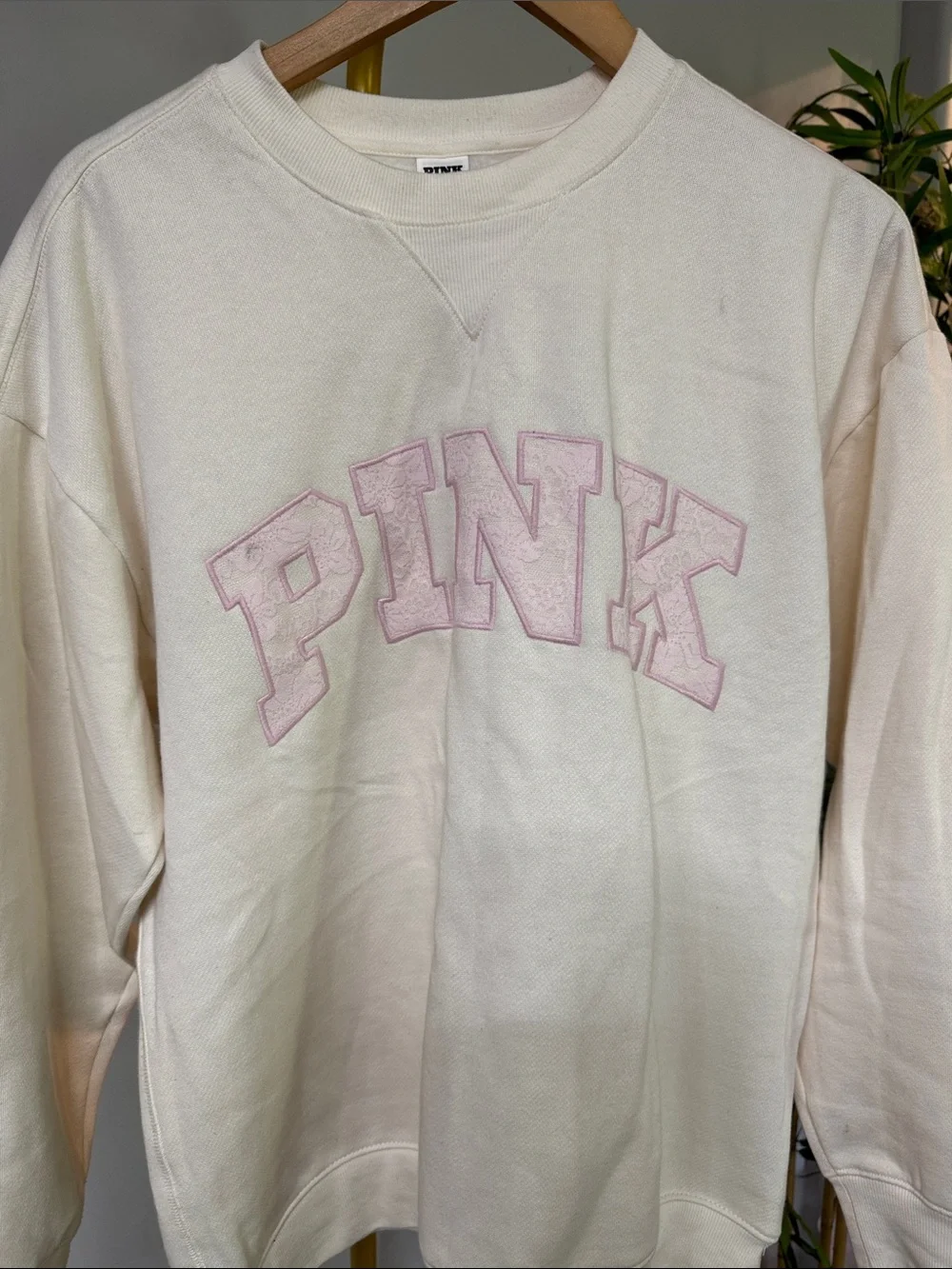PINK Victoria's Secret Crewneck Cream Sweatshirt lace Light Pink Logo EUC M - Picture 2 of 10